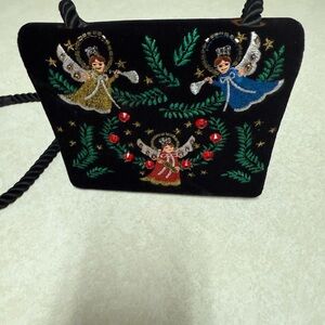 Beverly Feldman Black Velvet Bag with Embroidered Angels